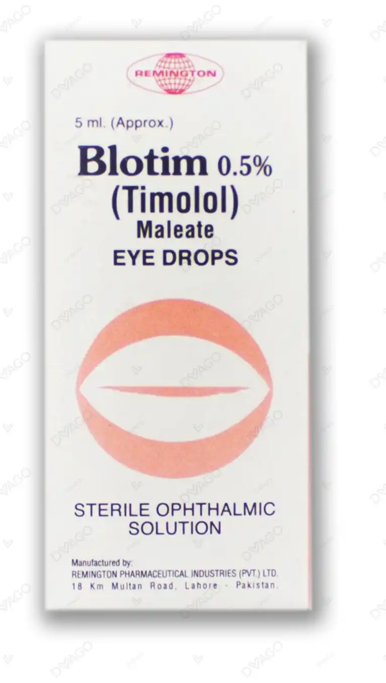 5ml bottle of Blotim 0.5% Timolol Maleate sterile ophthalmic eye drops for glaucoma.
