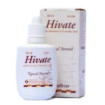 Hivate Lotion 30ml bottle and box featuring Mometasone Furoate USP topical steroid for scalp and skin relief by Saffron Pharmaceuticals.
