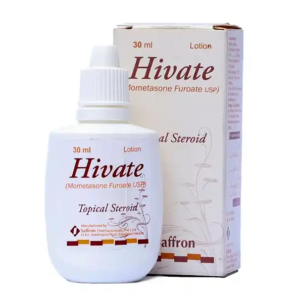 Hivate Lotion 30ml bottle and box featuring Mometasone Furoate USP topical steroid for scalp and skin relief by Saffron Pharmaceuticals.