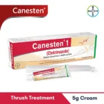 Packaging for Canesten 1 Vaginal Cream (Clotrimazole) with applicator for single-dose thrush treatment.