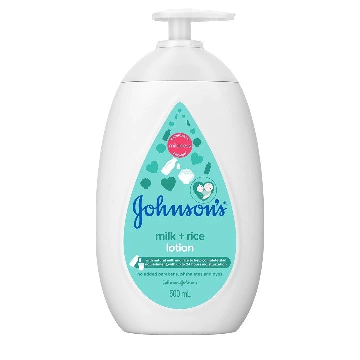 Johnson's Milk and Rice Lotion 500ml pump bottle with clinically proven mildness for 24h moisturization.