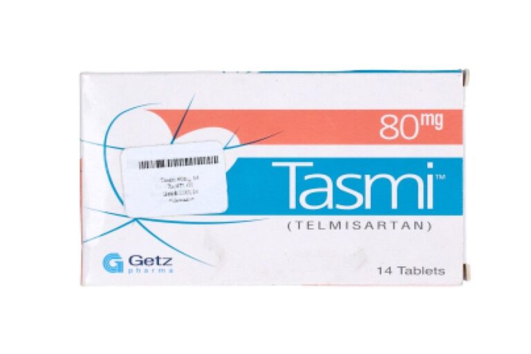 Tasmi 80mg Tablets pack of 14 containing Telmisartan by Getz Pharma for effective hypertension treatment.