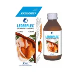 A 120ml bottle and box of Lederplex Vitamin B-Complex Liquid by Lucky Core Industries, featuring a honeycomb and orange design.