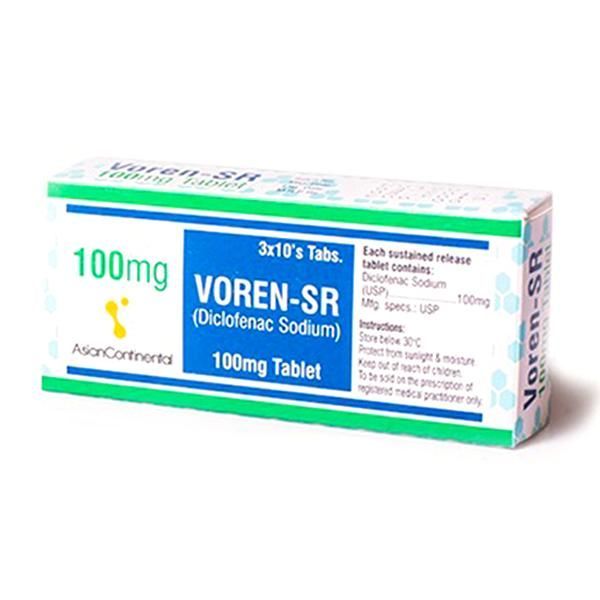 Voren-SR 100mg Diclofenac Sodium sustained-release tablets box by Asian Continental for arthritis and muscle pain relief.