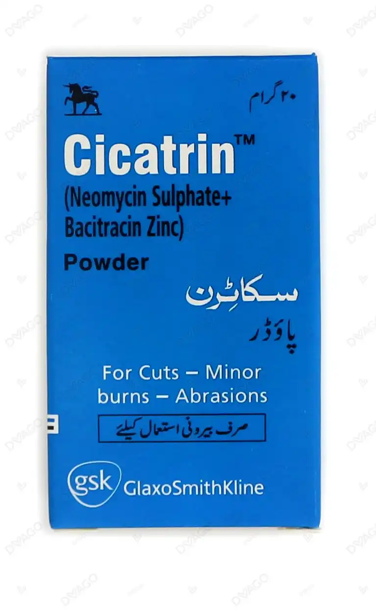 20g box of Cicatrin Antibiotic Powder for treating minor cuts, burns, and abrasions.