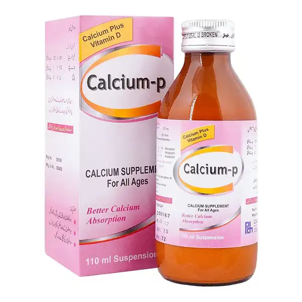 110ml bottle and packaging of Calcium-p Suspension, a calcium and vitamin D supplement for all ages.