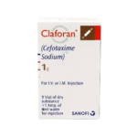 Front packaging of Claforan 1g Injection (Cefotaxime Sodium) by Sanofi, including vial and 4ml water ampoule.