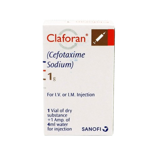 Front packaging of Claforan 1g Injection (Cefotaxime Sodium) by Sanofi, including vial and 4ml water ampoule.