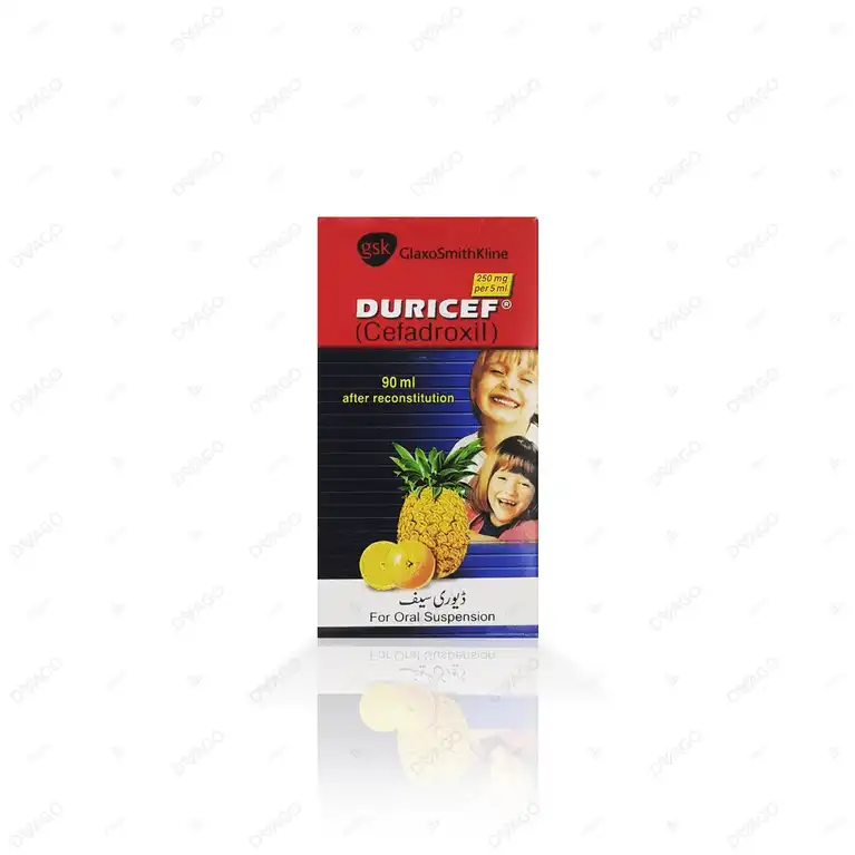Box of Duricef 250 mg Suspension ninety ml by GSK showing pineapple and orange flavors.