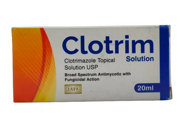 008386 Clotrim 20ml Topical Solution (Clotrimazole USP) box by ZAFA for broad-spectrum antifungal and fungicidal treatment.