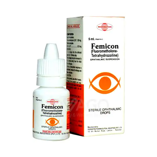 5ml bottle and box of Femicon Ophthalmic Suspension containing Fluorometholone and Tetrahydrozoline by Remington.