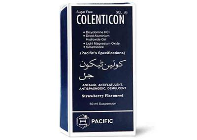 Colenticon Gel 60ml strawberry flavored suspension for the treatment of acidity, gas, and stomach spasms.