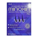 60ml box of Minoxin Plus 5% Solution Minoxidil for hair regrowth and follicle support.