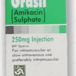 Grasil 250mg Injection box packaging showing Amikacin Sulphate 2ml ampoule for IM or IV use by SAMI Pharmaceuticals.