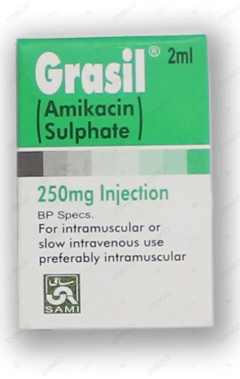 Grasil 250mg Injection box packaging showing Amikacin Sulphate 2ml ampoule for IM or IV use by SAMI Pharmaceuticals.