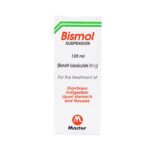 Bismol Suspension 120ml bottle packaging for the treatment of diarrhea, indigestion, and nausea.