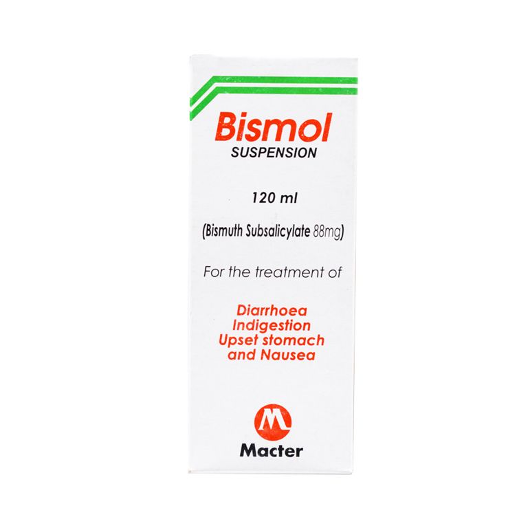 Bismol Suspension 120ml bottle packaging for the treatment of diarrhea, indigestion, and nausea.