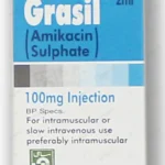 Grasil 100mg Injection box showing Amikacin Sulphate 2ml ampoule for IM or IV use by SAMI Pharmaceuticals.