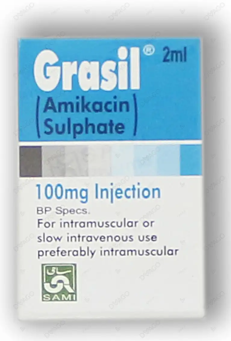 Grasil 100mg Injection box showing Amikacin Sulphate 2ml ampoule for IM or IV use by SAMI Pharmaceuticals.