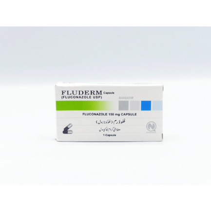 Fluderm 150 mg Capsule box featuring Fluconazole USP antifungal medication for yeast infections.