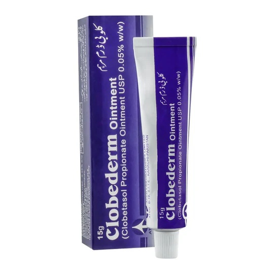 0216712 A 15g tube and box of Clobederm Ointment (Clobetasol Propionate 0.05% w/w) by Atco Laboratories for severe skin conditions.