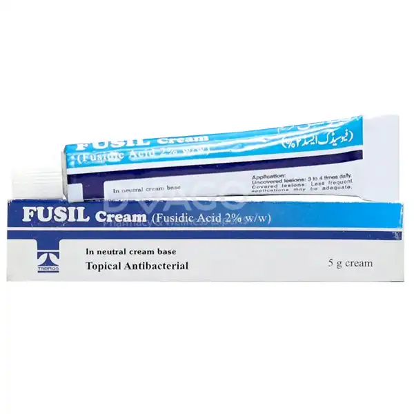 0217992 FUSIL Cream 5g tube and packaging containing Fusidic Acid 2% topical antibacterial medication by Tabros Pharma.