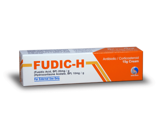 024057 Fudic-H 15g Cream box showing the combination of Fusidic Acid (Antibiotic) and Hydrocortisone Acetate (Corticosteroid).
