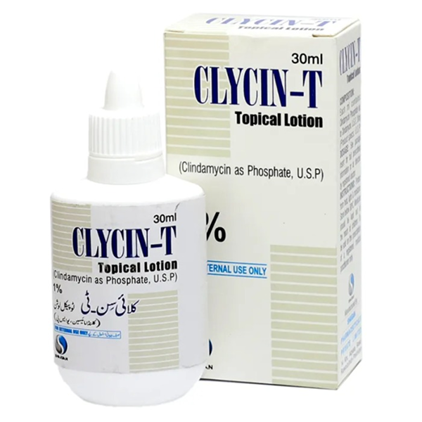 30ml bottle and box of Clycin-T Topical Lotion (Clindamycin as Phosphate 1%) for acne treatment.