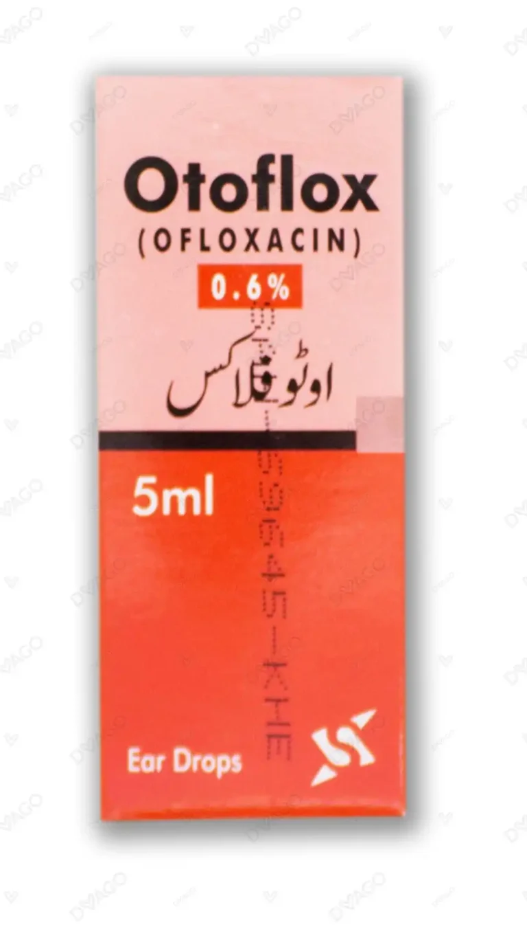 Otoflox Ear Drops 5ml bottle packaging showing 0.6% Ofloxacin for bacterial ear infection treatment.