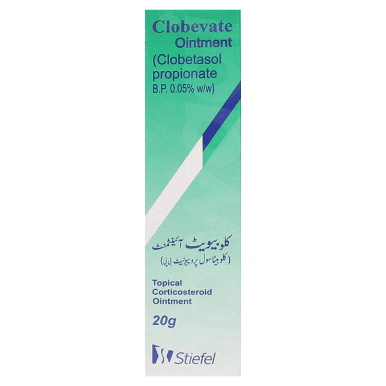 Clobevate Ointment 20g box by Stiefel containing Clobetasol propionate 0.05% w/w for severe skin inflammation.