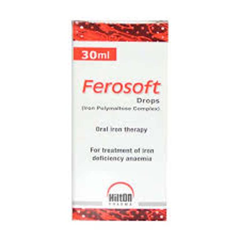 Ferosoft Drops 30ml packaging by Hilton Pharma, featuring Iron Polymaltose Complex for oral iron therapy and anemia treatment.