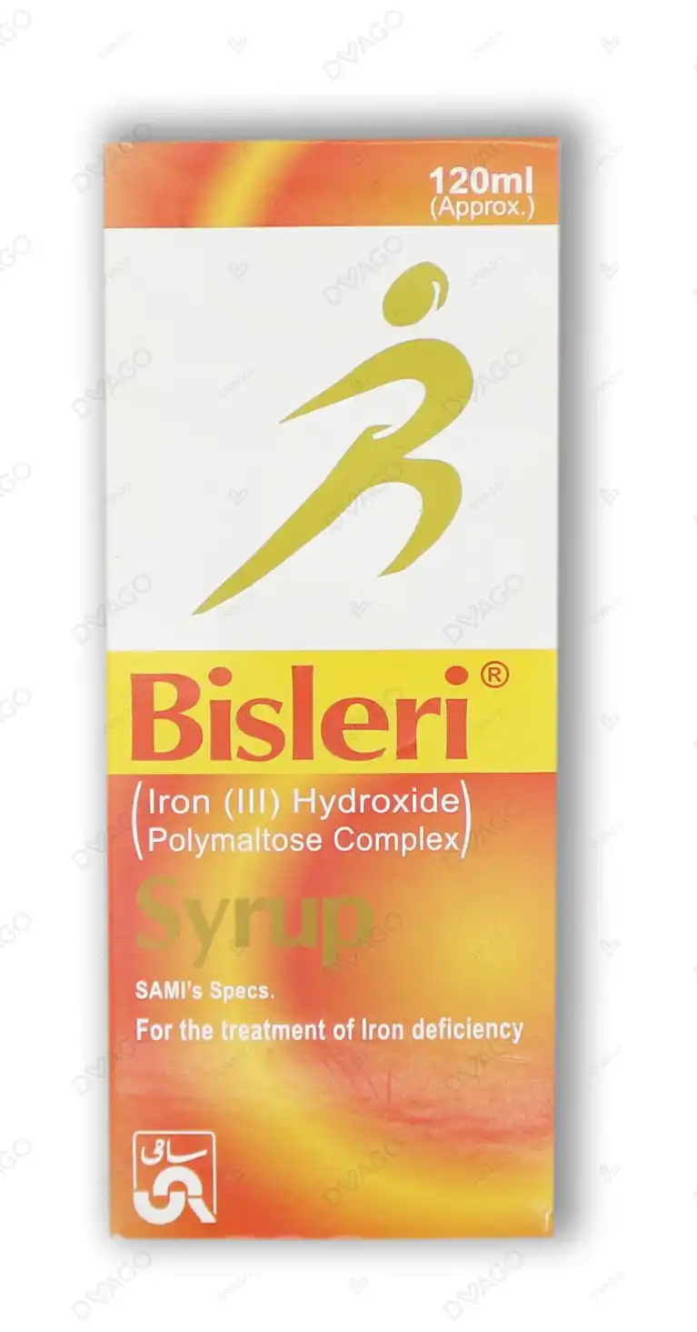 033003 120ml bottle packaging of Bisleri Syrup, an Iron (III) Hydroxide Polymaltose Complex for treating iron deficiency.