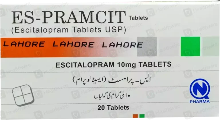 Box of ES-PRAMCIT 10mg Tablets containing twenty tablets of Escitalopram by Q Pharma.