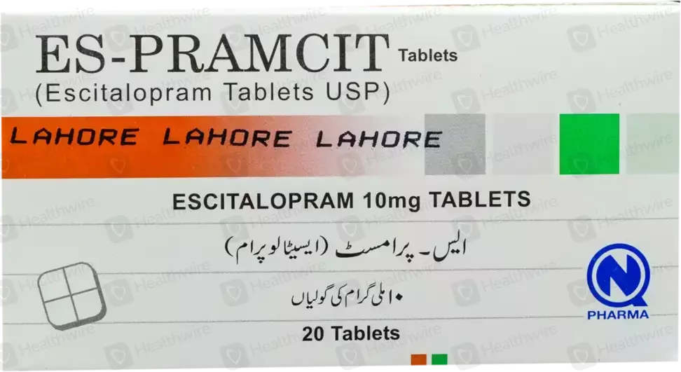 0360801 Box of ES-PRAMCIT 10mg Tablets containing twenty tablets of Escitalopram by Q Pharma.