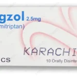 A box of Limigzol 2.5mg orally disintegrating tablets for migraine relief, containing 10 tablets of Zolmitriptan by Genetics Pharmaceuticals.