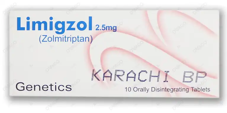 A box of Limigzol 2.5mg orally disintegrating tablets for migraine relief, containing 10 tablets of Zolmitriptan by Genetics Pharmaceuticals.