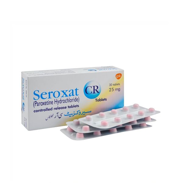 Box and blister packs of Seroxat CR 25mg (Paroxetine Hydrochloride) controlled-release tablets by GSK.