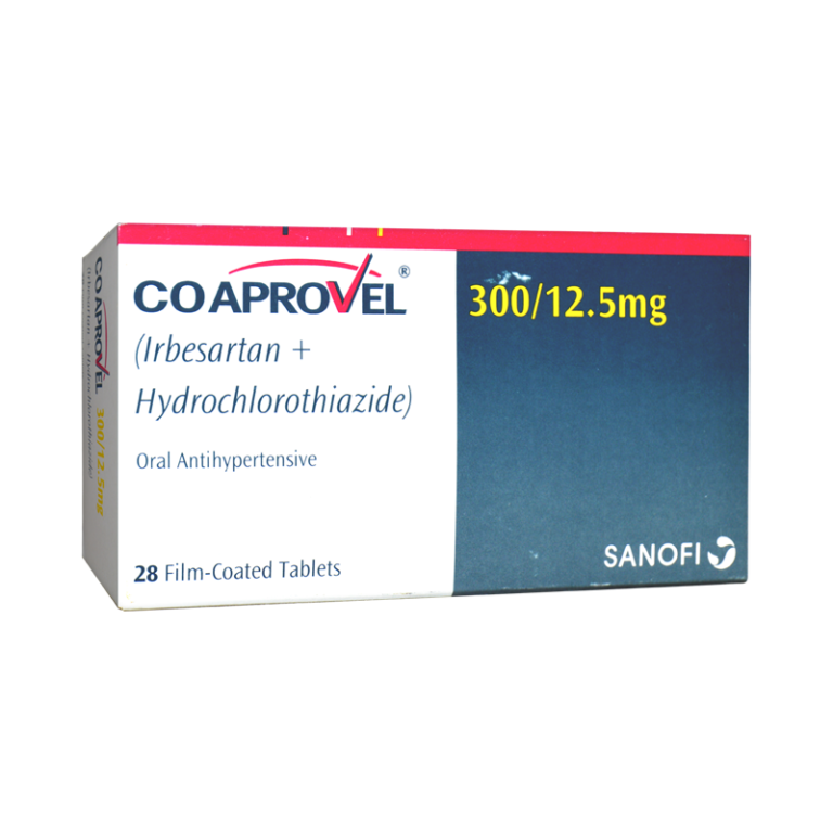 CoAprovel 300mg/12.5mg film-coated tablets box by Sanofi, 28 tablets for oral antihypertensive treatment.