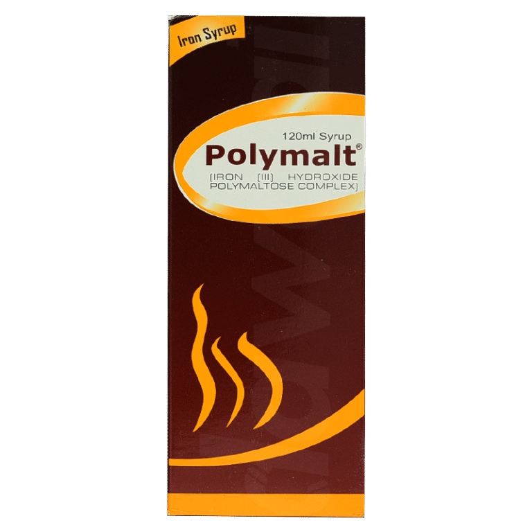 Front packaging of Polymalt Iron Syrup 120ml containing Iron (III) Hydroxide Polymaltose Complex.