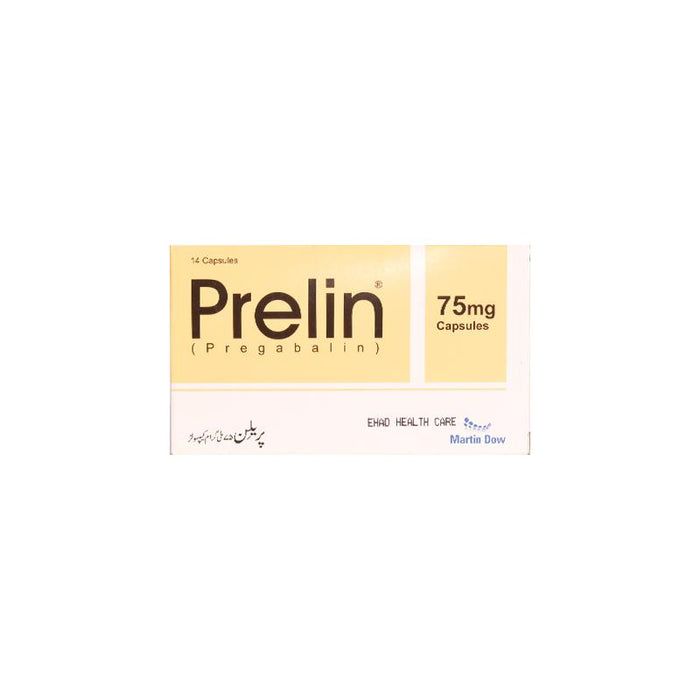 Prelin 75mg capsule box by Martin Dow featuring Pregabalin for nerve pain management.
