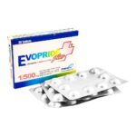 Box of Evopride Plus 1/500mg tablets showing Glimepiride and Metformin ingredients for Type 2 diabetes.