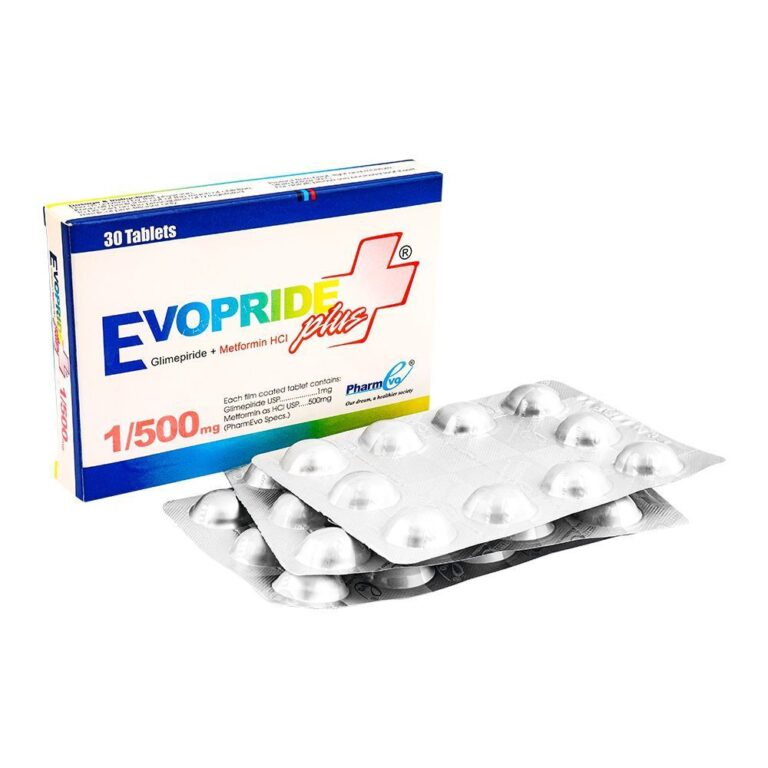 Box of Evopride Plus 1/500mg tablets showing Glimepiride and Metformin ingredients for Type 2 diabetes.