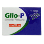 Glio-P 4mg/30mg Tablets box containing Glimepiride and Pioglitazone for type 2 diabetes blood sugar control.