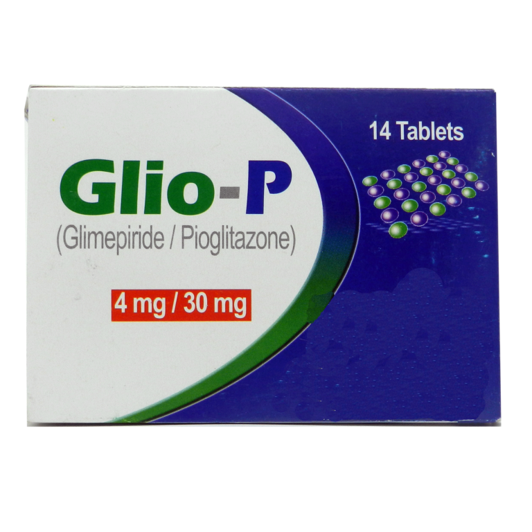 Glio-P 4mg/30mg Tablets box containing Glimepiride and Pioglitazone for type 2 diabetes blood sugar control.