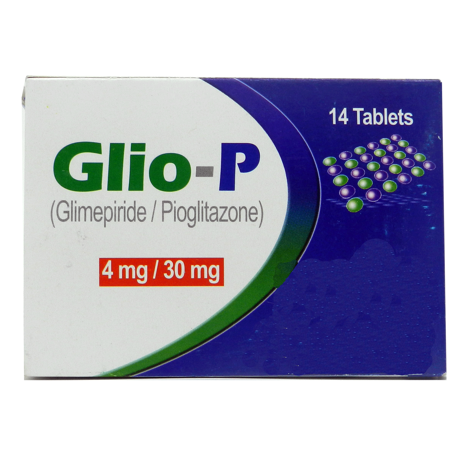 053093 Glio-P 4mg/30mg Tablets box containing Glimepiride and Pioglitazone for type 2 diabetes blood sugar control.