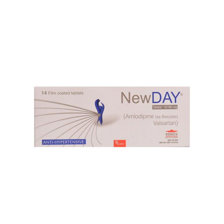 NewDAY Amlodipine Valsartan 10/160 mg anti-hypertensive tablets 14 count box packaging.