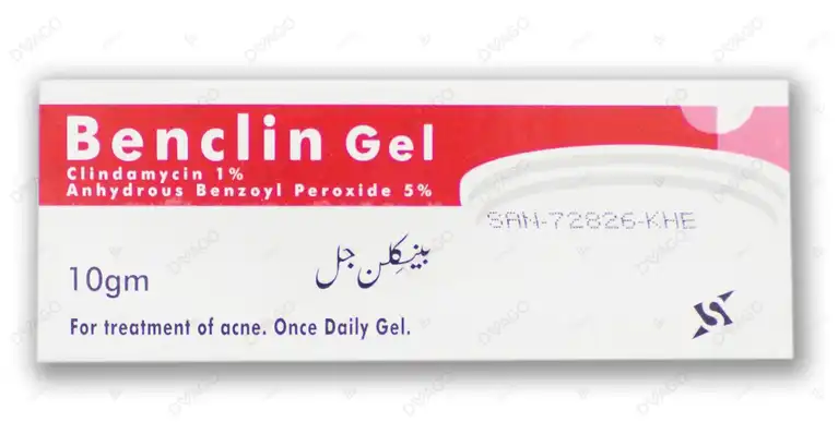 Packaging box of Benclin Gel Acne Treatment 10g for clearing pimples and bacterial infections.