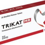 Trikat MR 35mg box showing 20 modified release tablets of Trimetazidine dihydrochloride by Next Pharmaceutical.