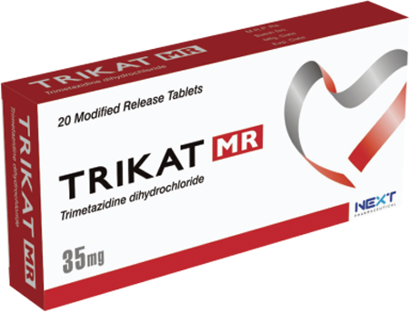 Trikat MR 35mg box showing 20 modified release tablets of Trimetazidine dihydrochloride by Next Pharmaceutical.