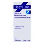 Flagyl Plus Suspension 90ml bottle packaging showing Benzoyl Metronidazole and Diloxanide Furoate ingredients by Sanofi.